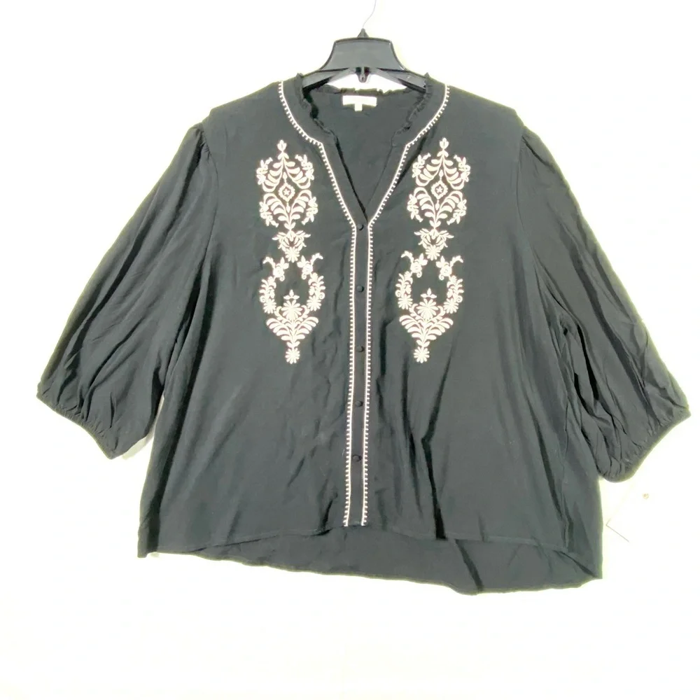 Angels Western Floral Blouse Women's 3X Black White Embroidered 3/4 Sleeve NWT - Picture 1 of 13